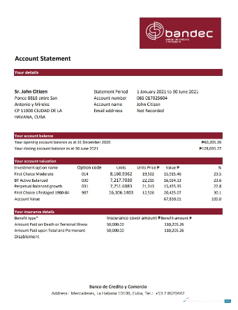 Download Cuba Bandec Banco de Credito y Comercio bank statement excel Photoshop template